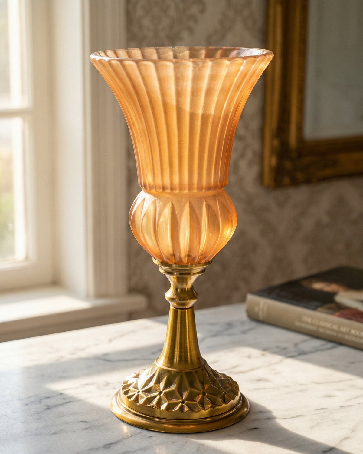 Ribbed Trumpet Glass Vase - Amber