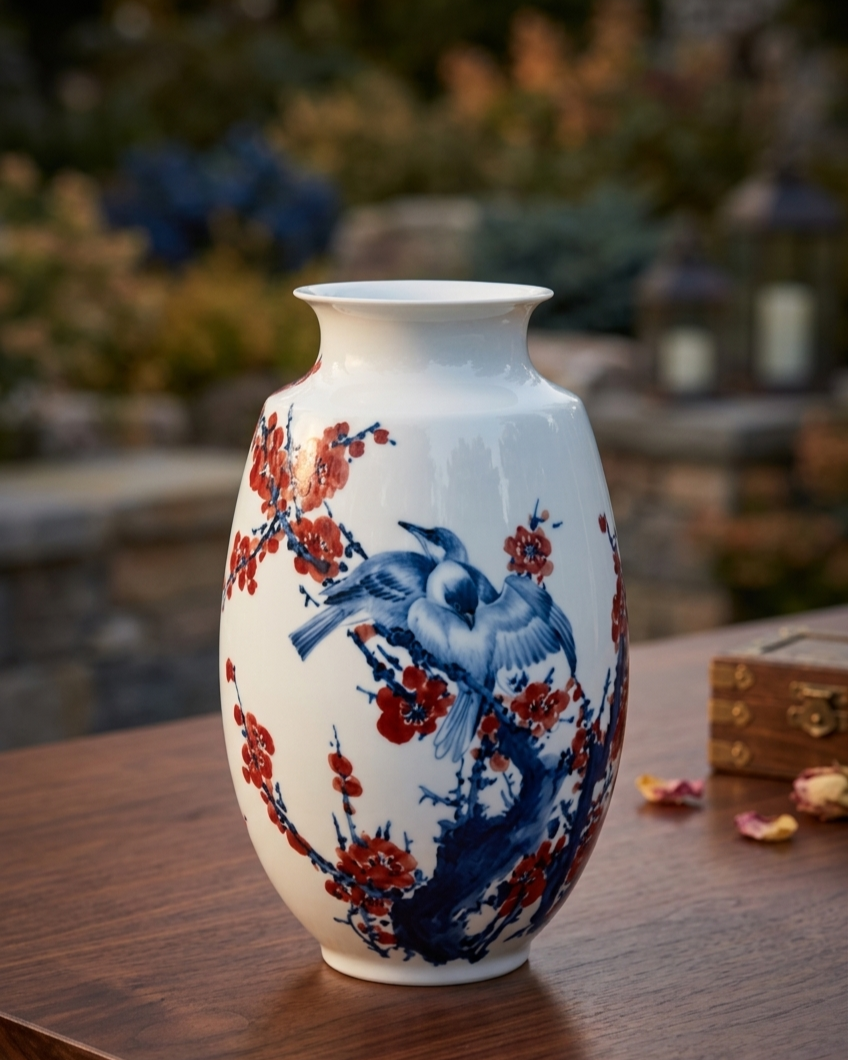 Blue Bird Blossom Bone China Vase 
