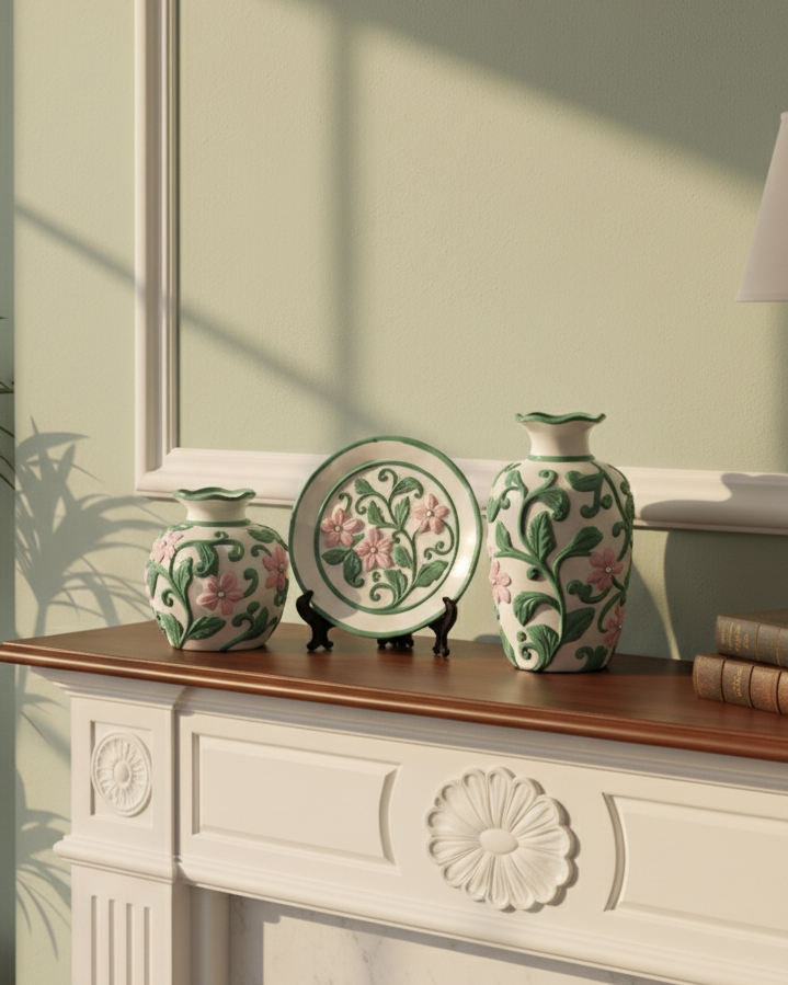 Blush Vine Vase & Decorative Plate - Set Of 3