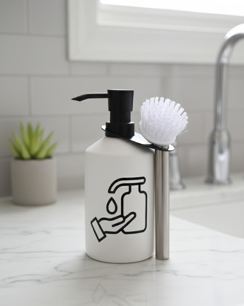 Modern Clean Soap Dispenser with Brush Holder - White
