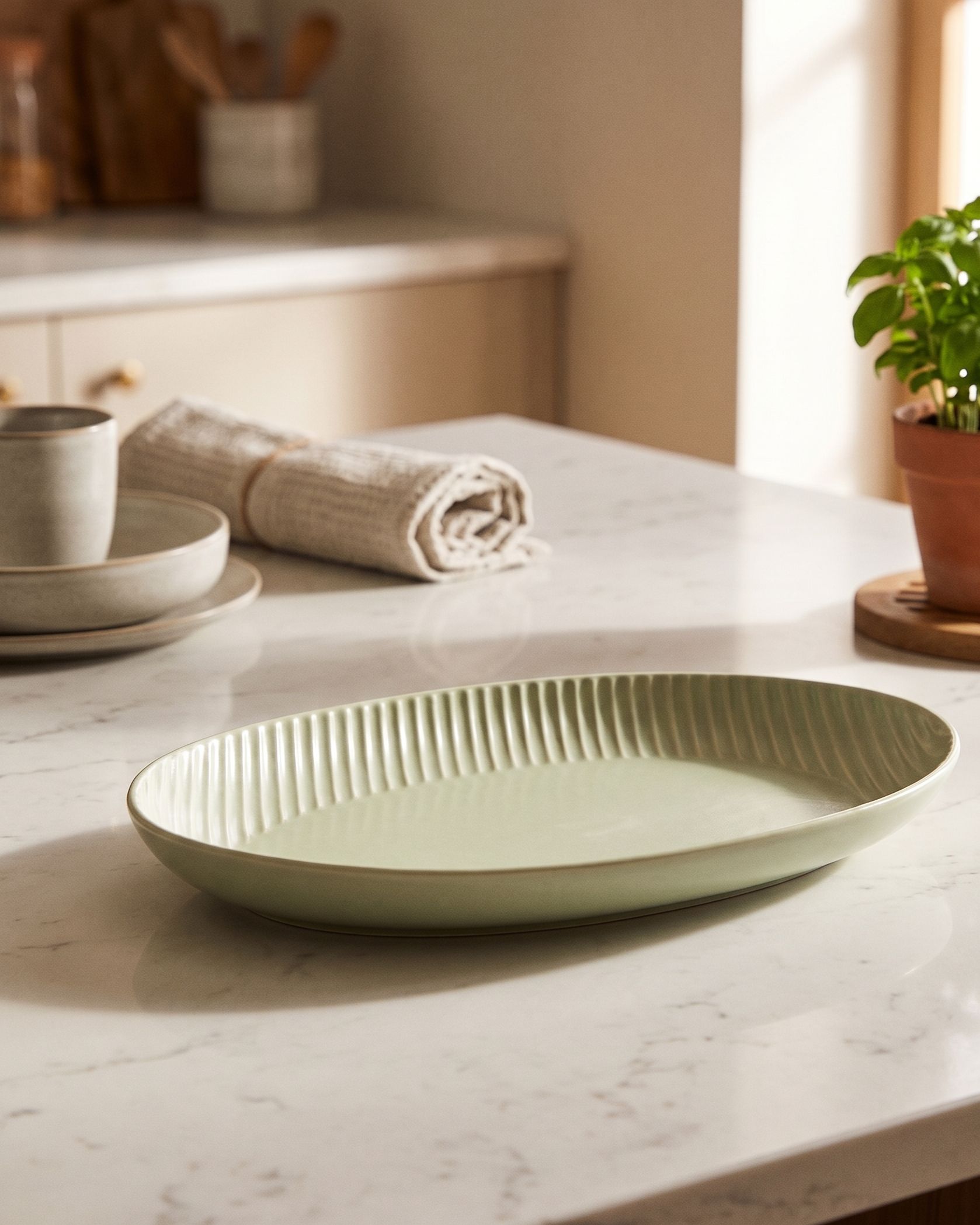 Glossy Straight Grain Platter - Milk Green 