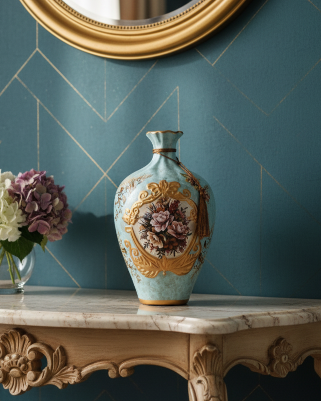 Regal Bloom Blue & Gold Vase & Decorative Plate - Set Of 3 