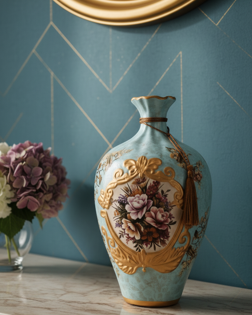 Regal Bloom Blue & Gold Vase & Decorative Plate - Set Of 3 