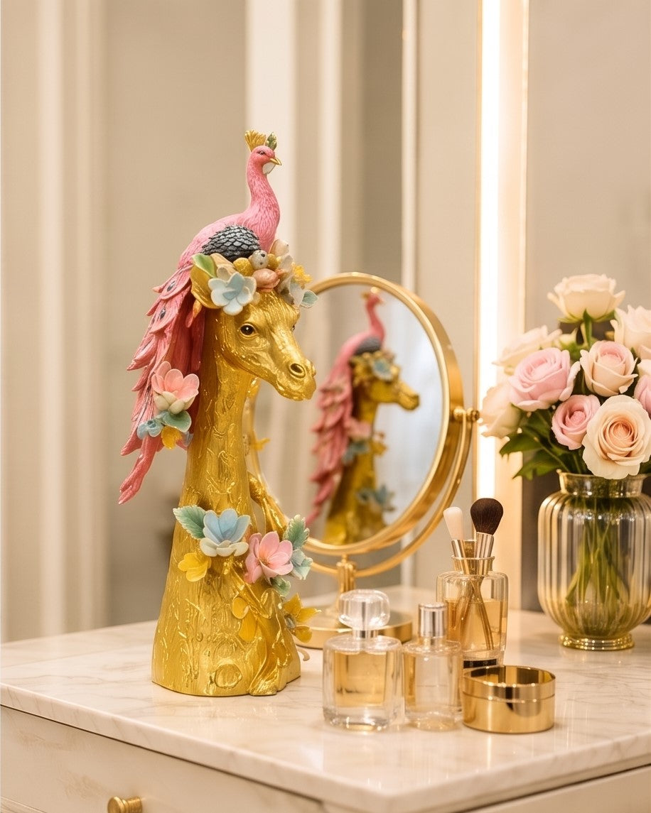 Peacock Majesty Giraffe Decorative Figurine - Pink 