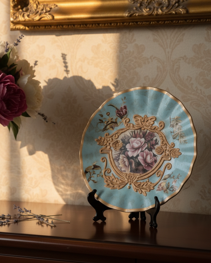 Regal Bloom Blue & Gold Vase & Decorative Plate - Set Of 3 