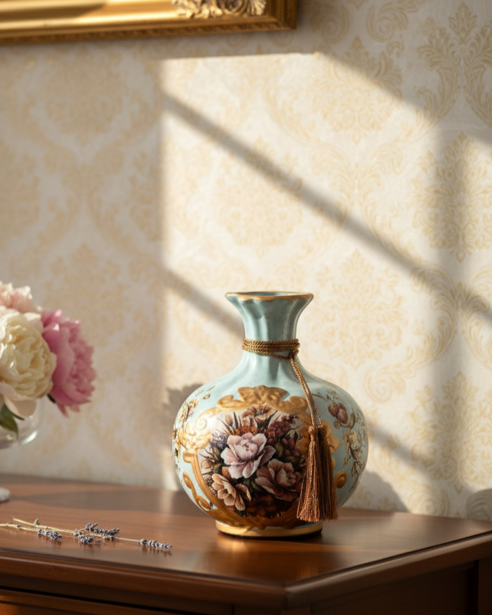 Regal Bloom Blue & Gold Vase & Decorative Plate - Set Of 3 