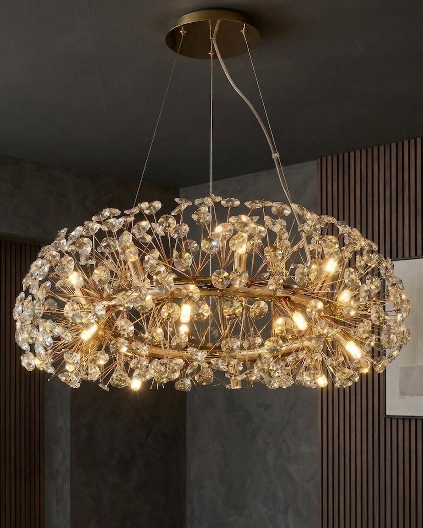 Modern Circular Crystal & Gold Starburst Chandelier 