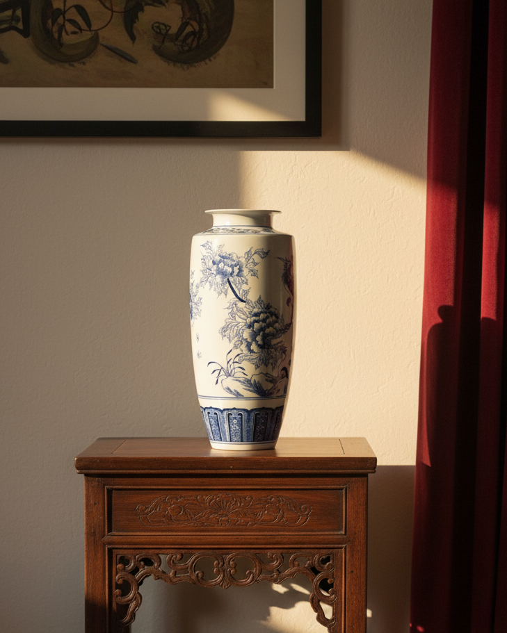 Elegant Blue & White Floral Bird Ceramic Vase 