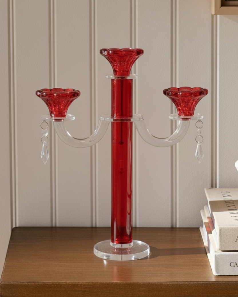 Red Radiant 3-Arms Crystal Candle Stand 