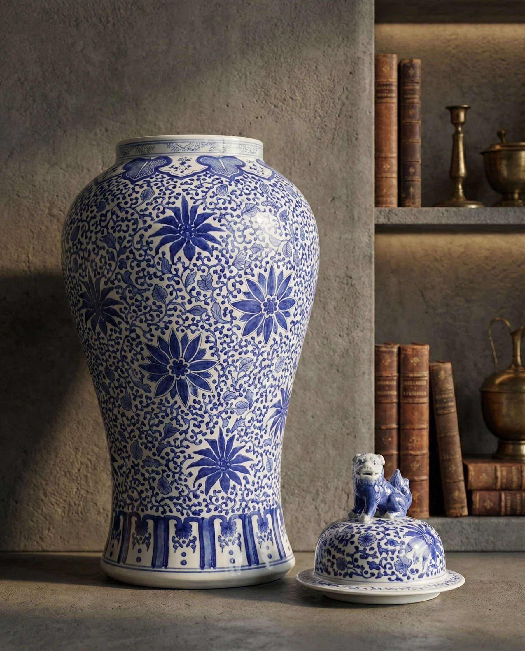 Royal Blossom Blue & White Temple Jar With Foo Dog Lid - 92 cm 