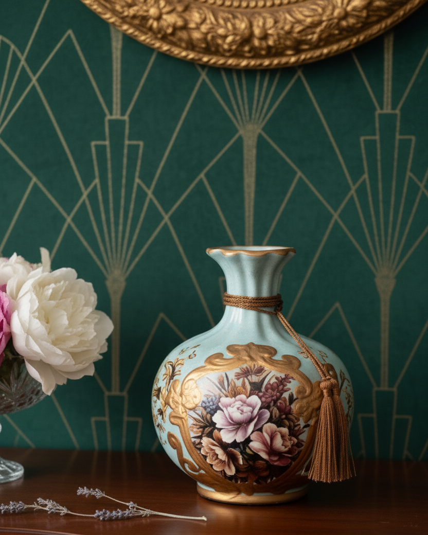 Regal Bloom Blue & Gold Vase & Decorative Plate - Set Of 3 