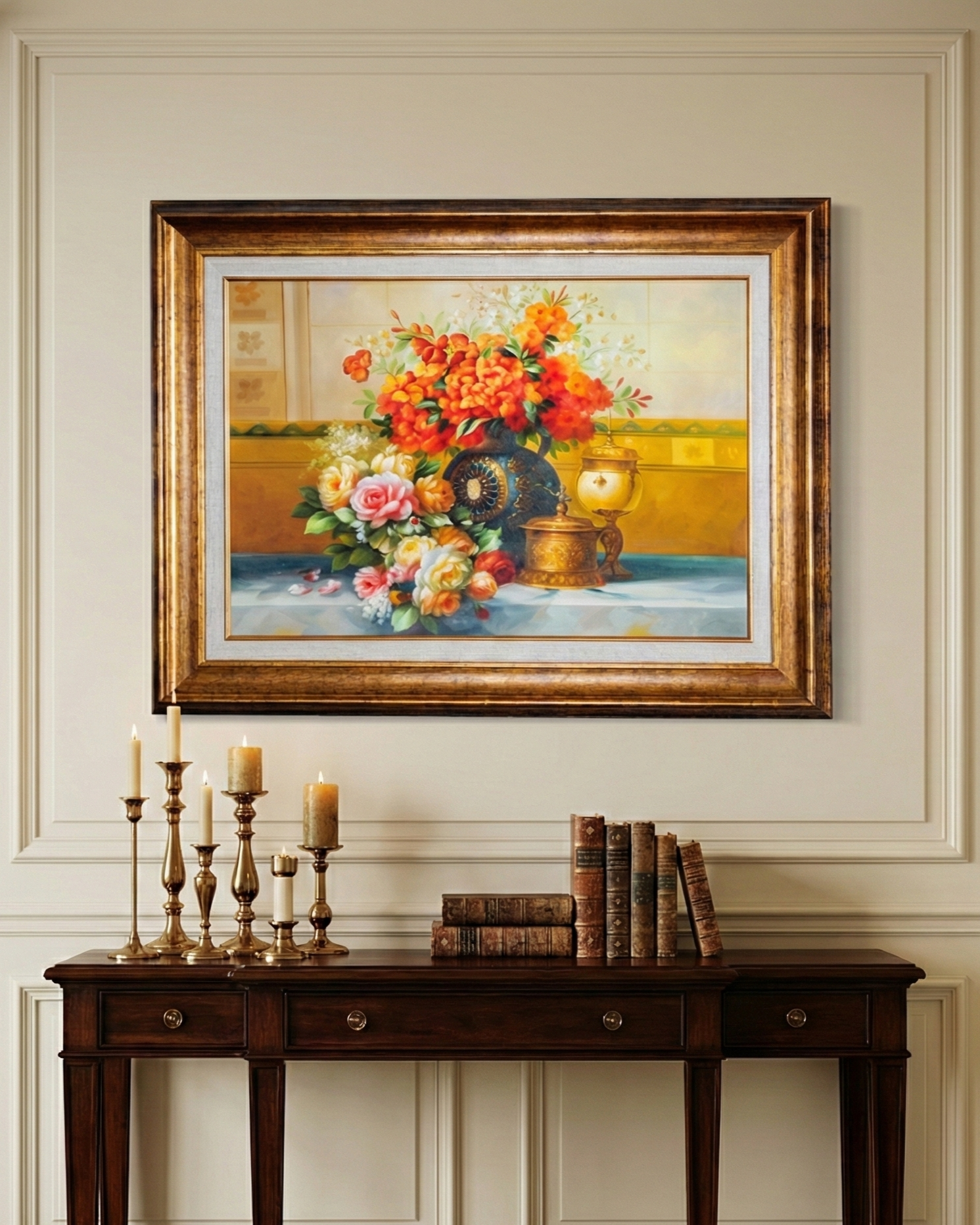 'Classic Floral Bouquet' Handmade Oil Painting - 34x46 Inches 