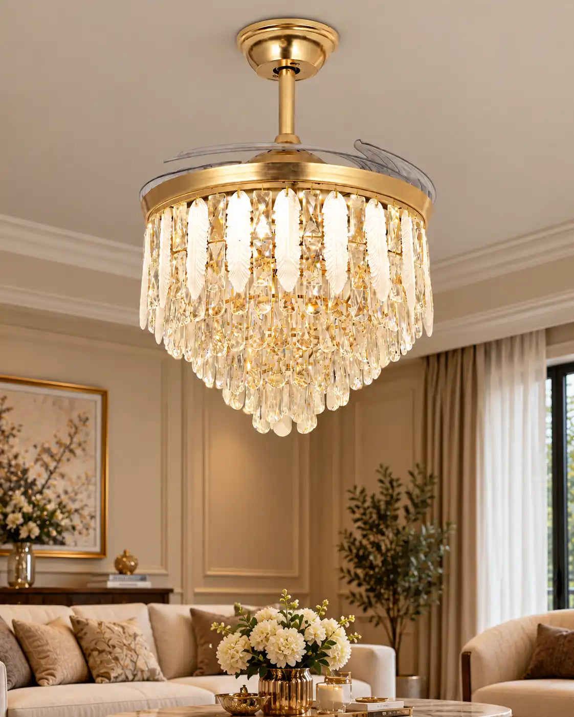 Crystal Featherfall Ceiling Fan Chandelier