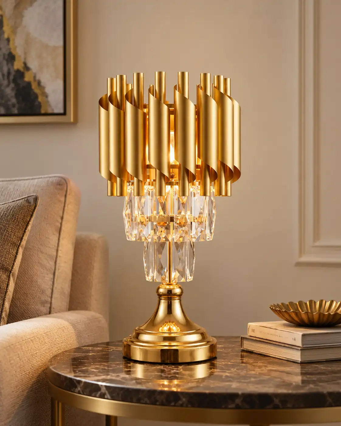 Opulent Gold Ribbon-Cuff Crystal Table Lamp