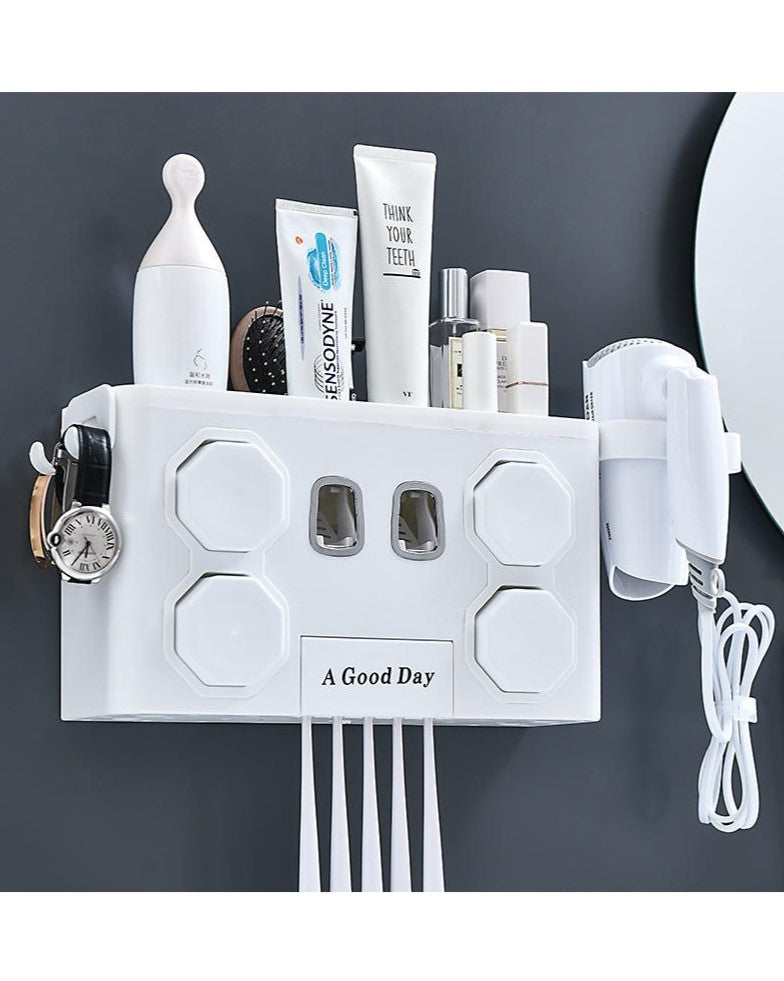 Wall Mounted Bathroom Organizer with  Toothpaste Dispenser & Cups