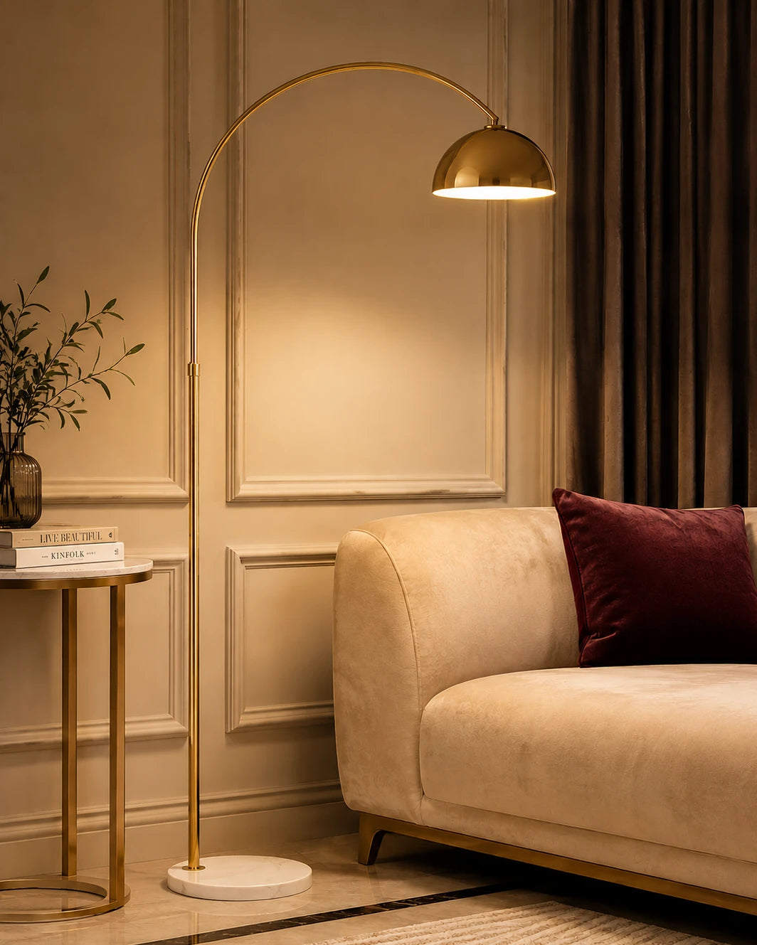 Golden Arc Floor Lamp with Dome Shade 