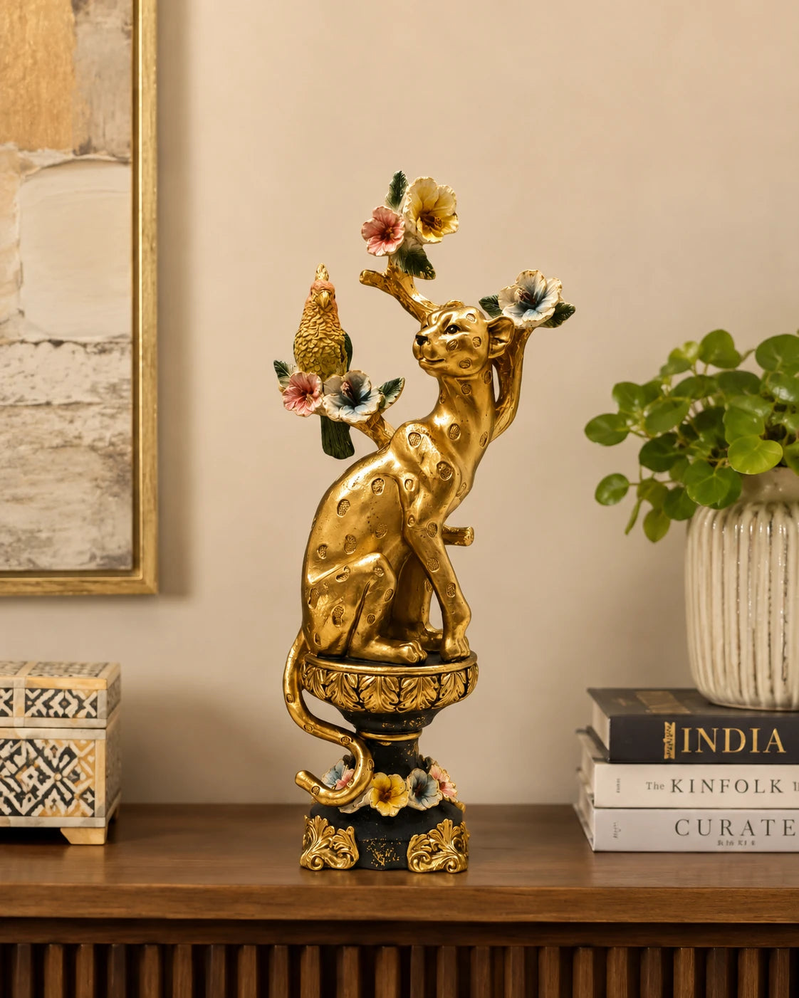 Golden Leopard & Parrot Tree Decorative Figurine 