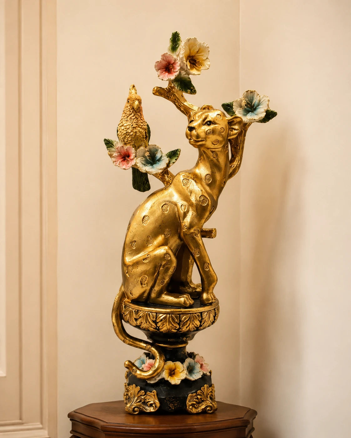 Golden Leopard & Parrot Tree Decorative Figurine 