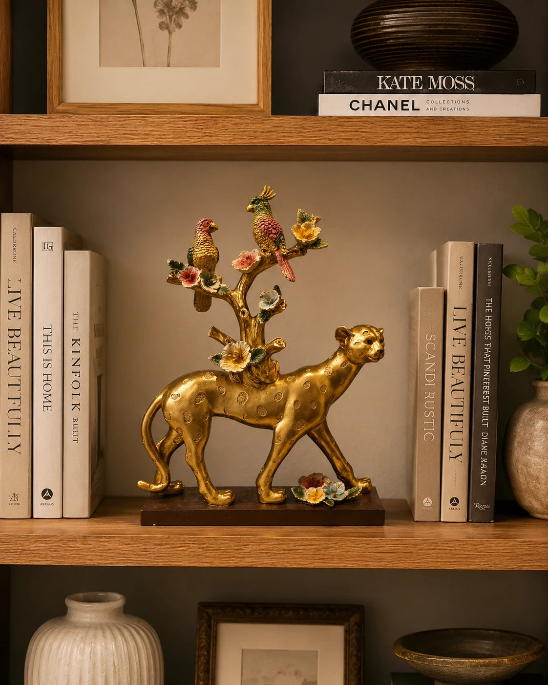 Golden Leopard & Parrot Tree Decorative Figurine 