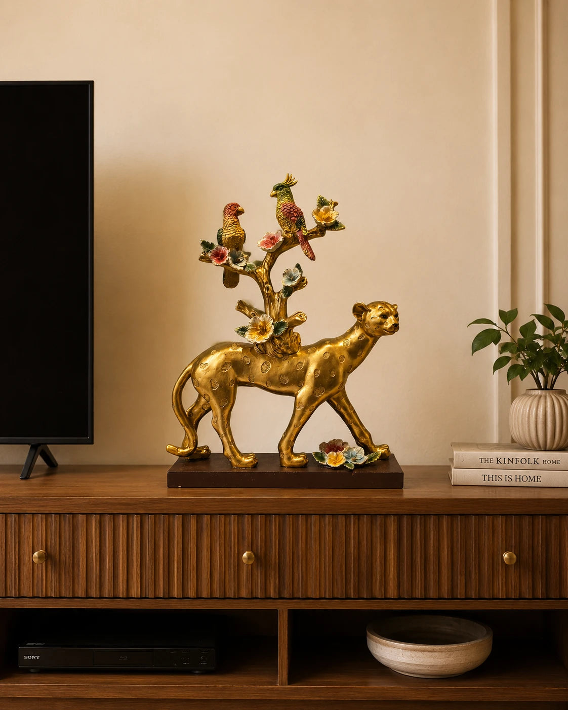 Golden Leopard & Parrot Tree Decorative Figurine 