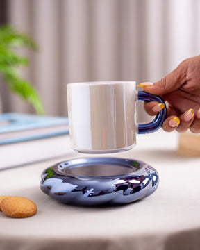 Pearl Glazed Coffee Mug with Saucer - Blue
