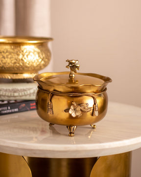 'Ribbon' Handcrafted Brass Bowl with Lid - 7"