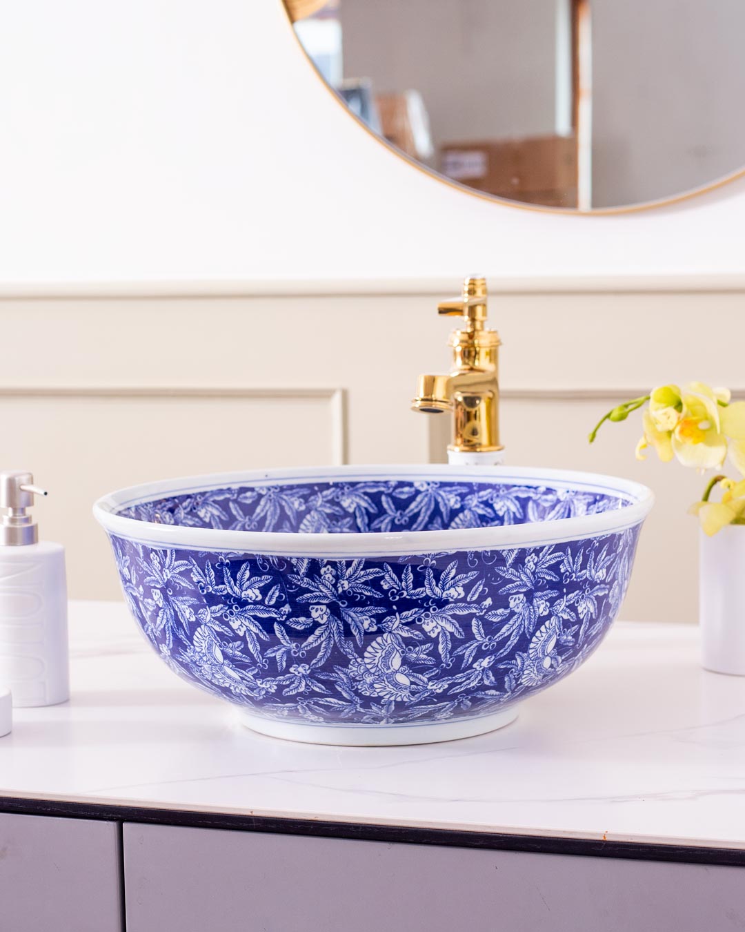 Foliage Blue & White Porcelain Counter Top Basin - The Decor Kart