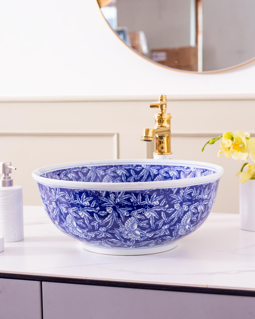 Foliage Blue & White Porcelain Counter Top Basin