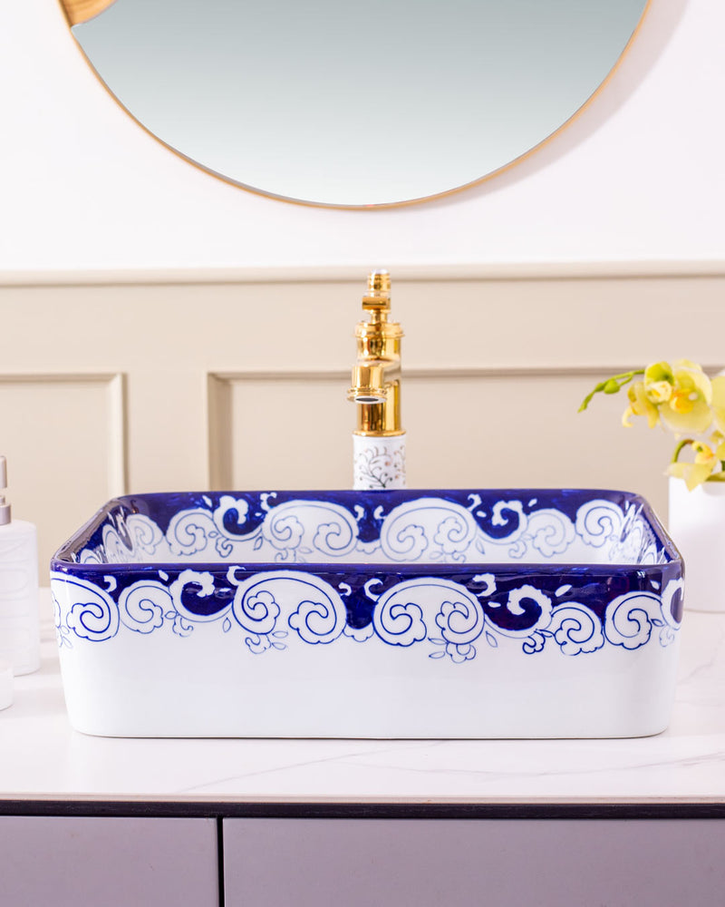Peony Blue & White Porcelain Counter Top Basin