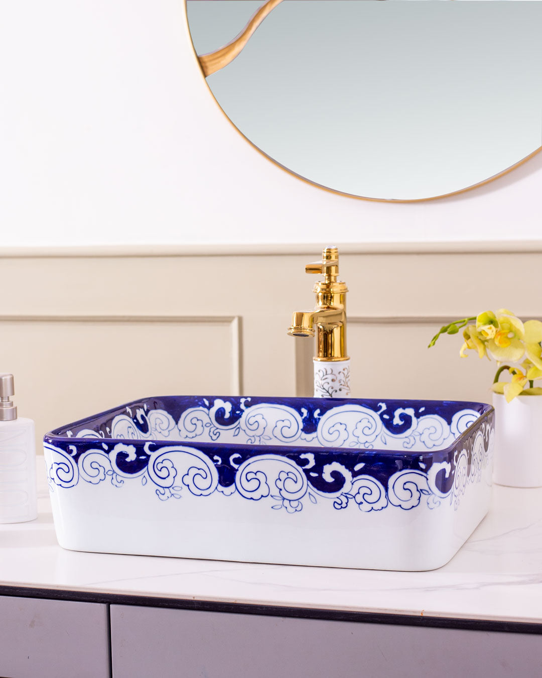 Peony Blue & White Porcelain Counter Top Basin - The Decor Kart