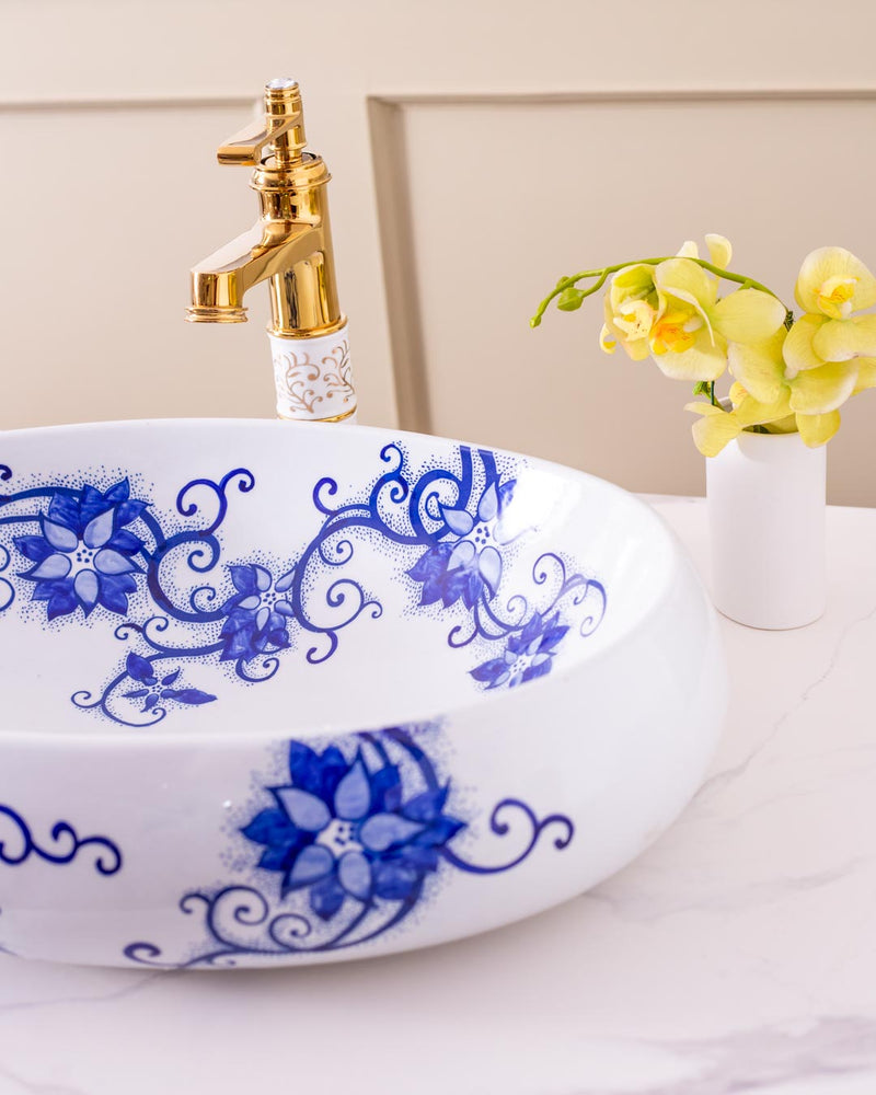 Floral Pattern Porcelain Counter Top Basin
