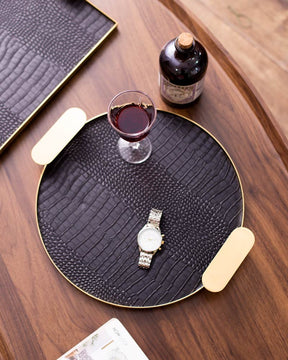 Melvin Round Golden Metal Handle Serving Tray - Large