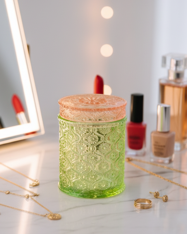 Vintage Floral Emerald Glass Jar 