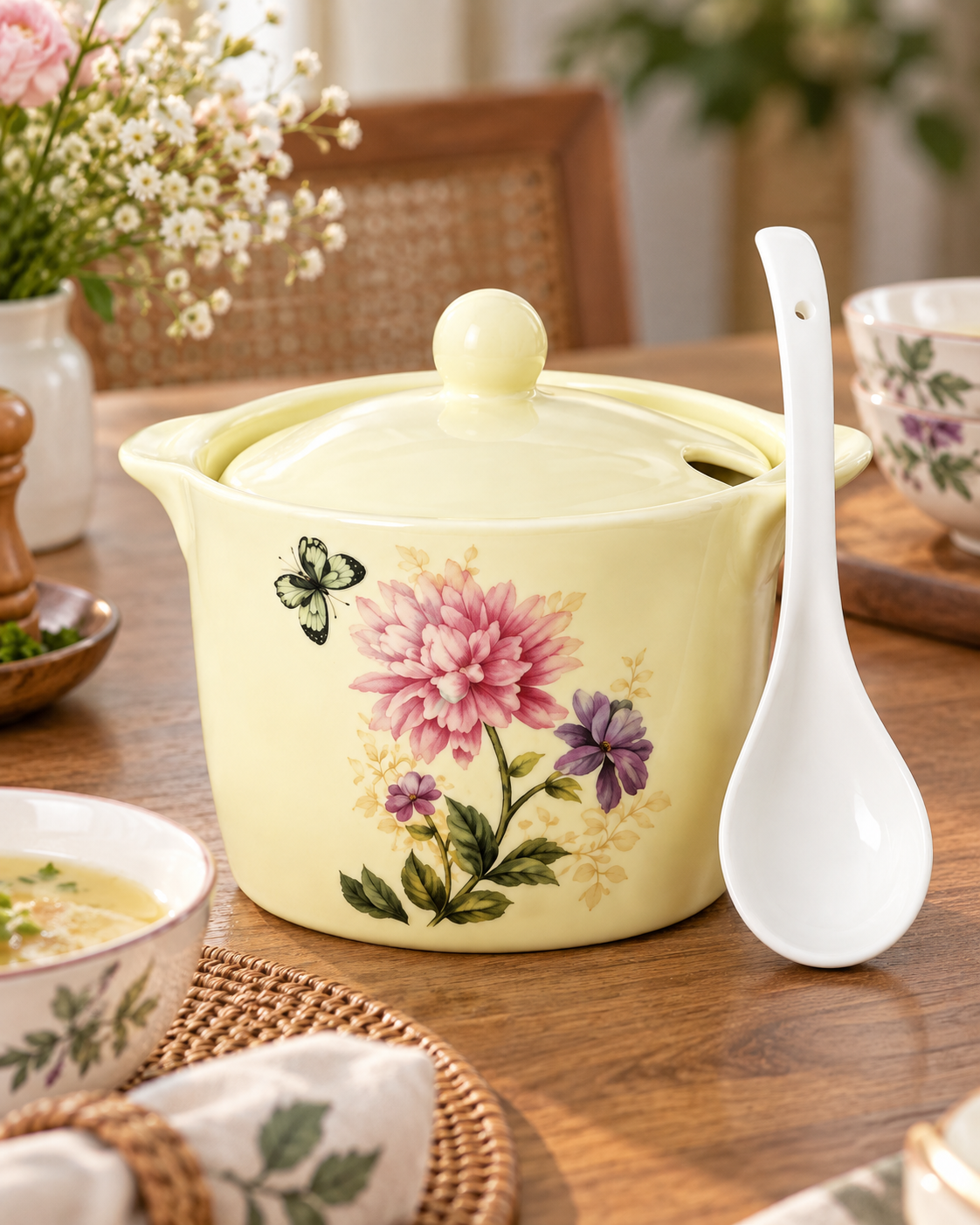 Floral Charm Covered Casserole With Serving Spoon - Yellow