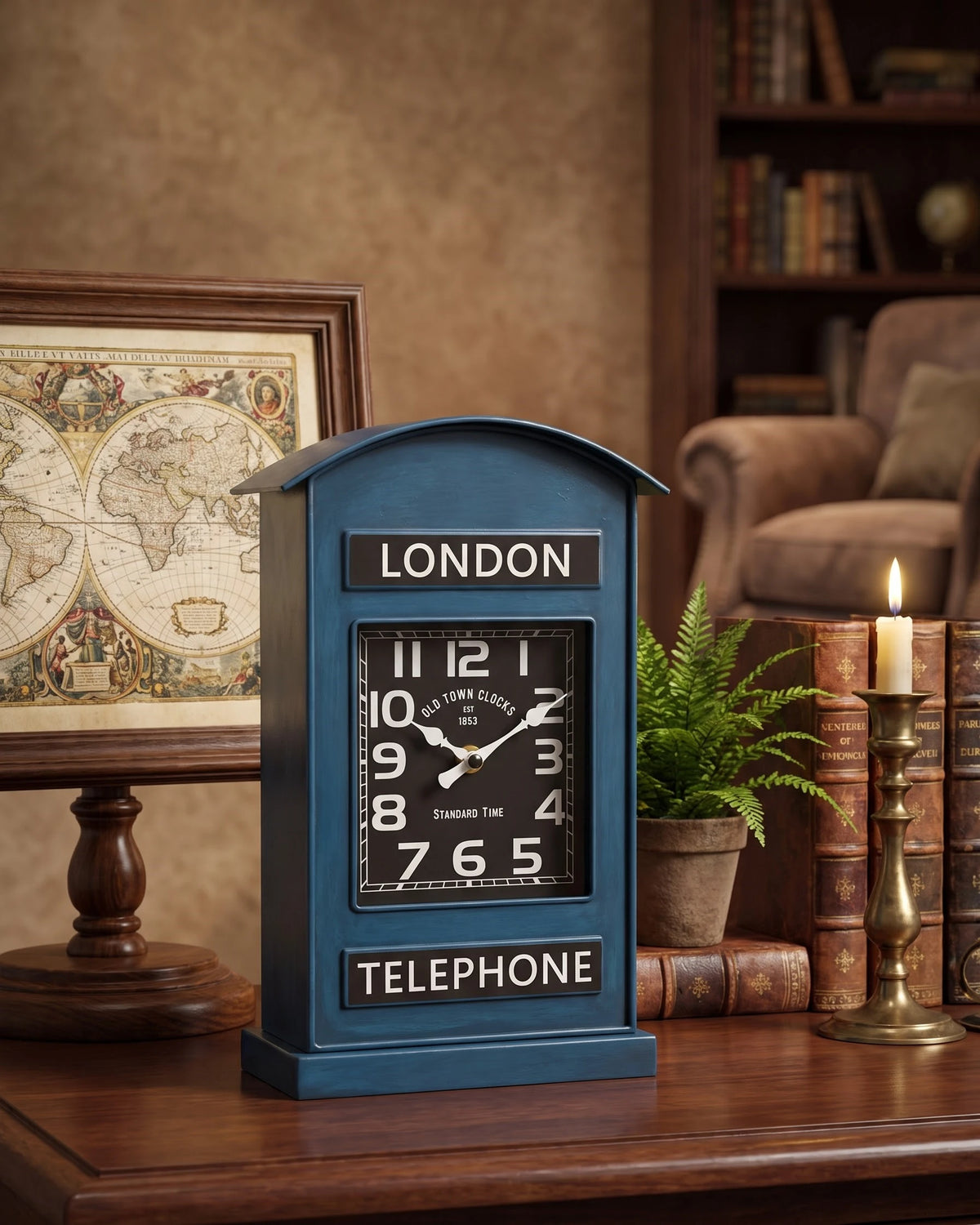 Old Town London Telephone Booth Clock - Blue