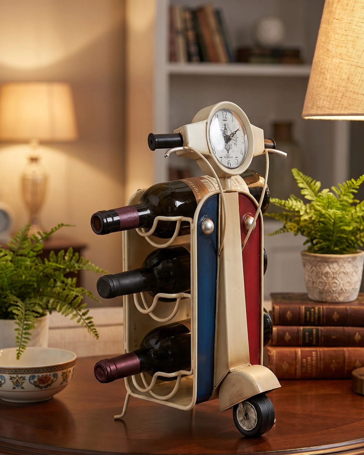 Vintage Scooter 3-Bottle Wine Rack with Clock