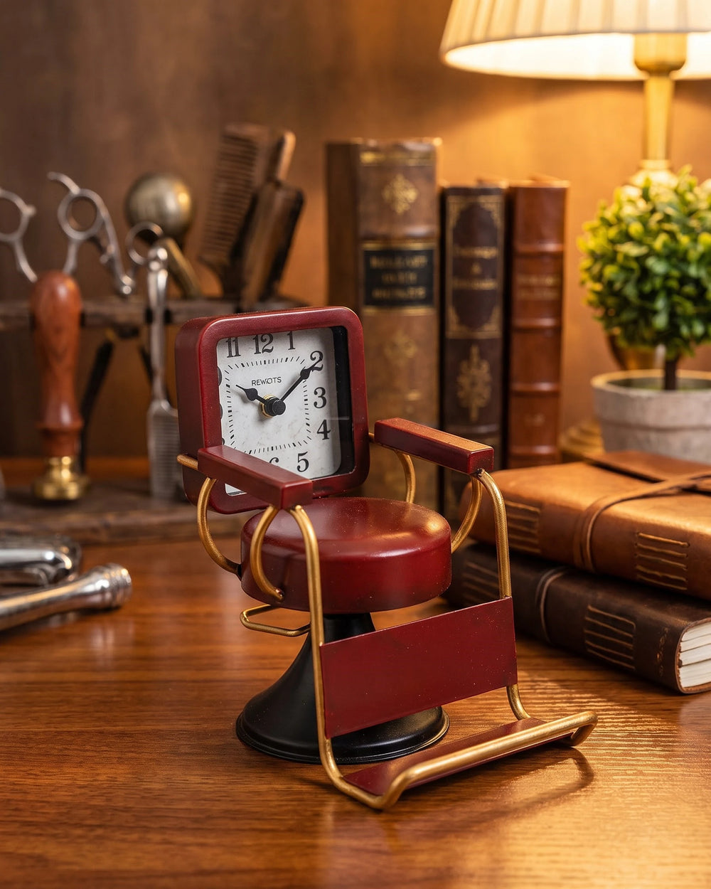 Vintage Barber Chair Desk Clock Red