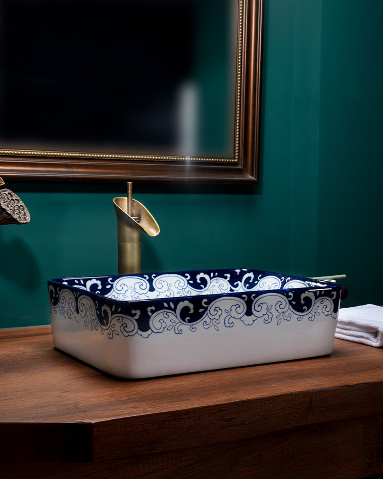 Peony Blue & White Porcelain Counter Top Basin - The Decor Kart