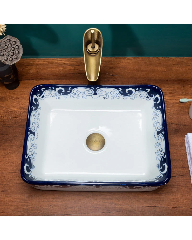 Peony Blue & White Porcelain Counter Top Basin - The Decor Kart