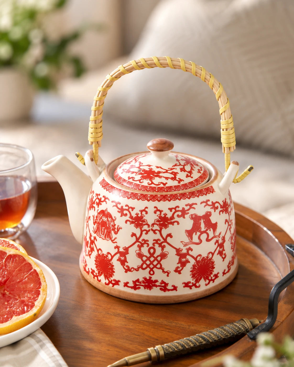 Scarlet Blossom Ceramic Tea Kettle