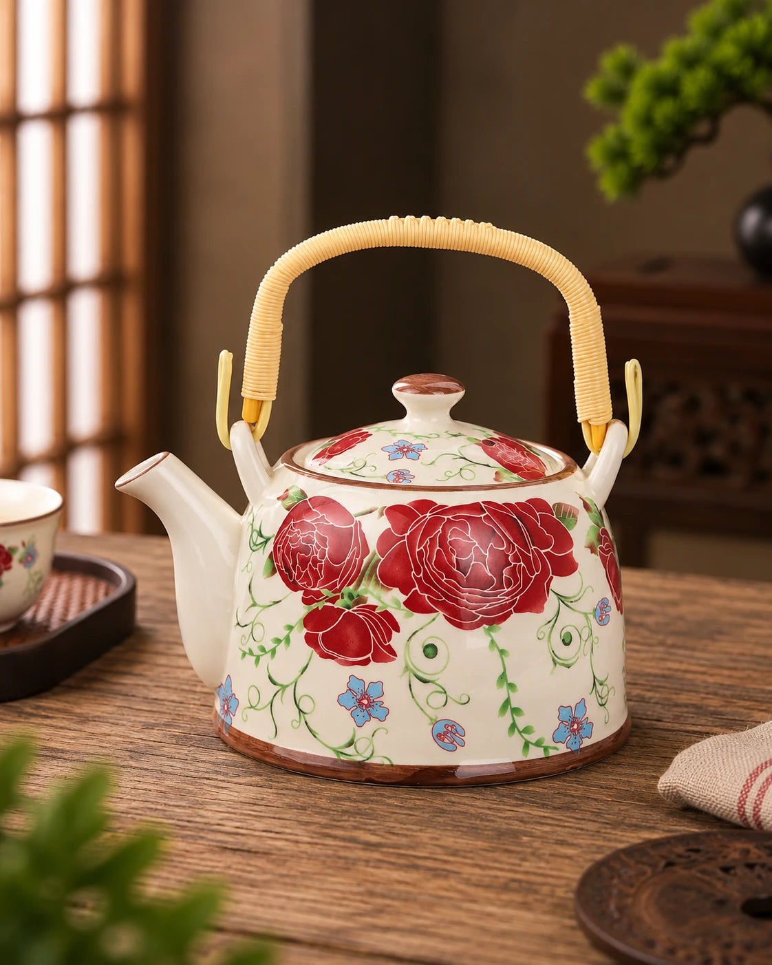 Crimson Blossom Ceramic Tea Kettle