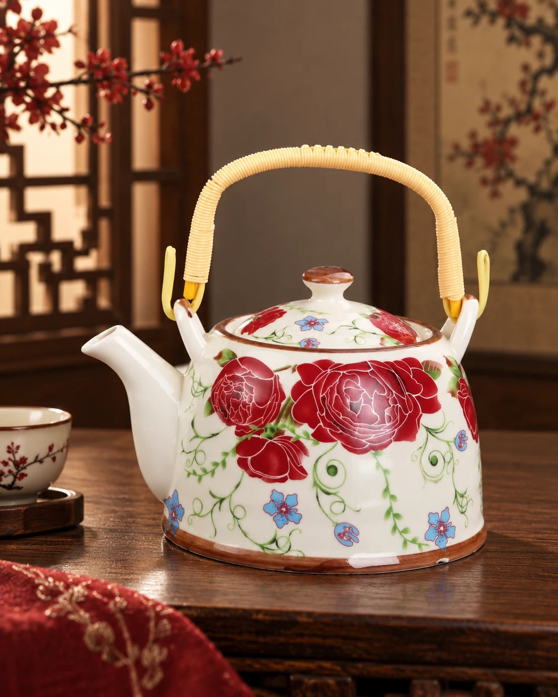 Crimson Blossom Ceramic Tea Kettle