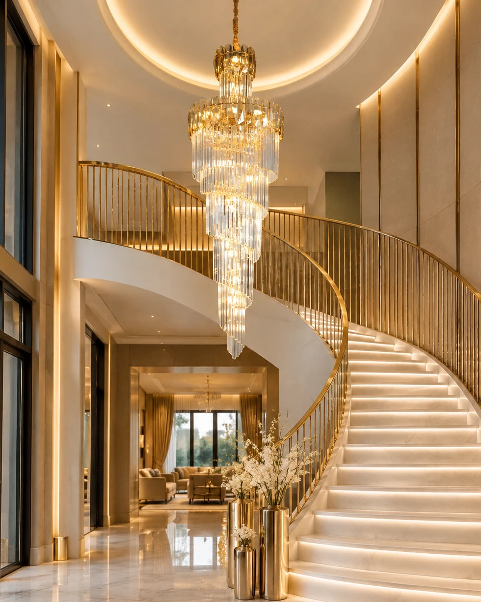 Spiral Cascade Crystal Double Height Chandelier 