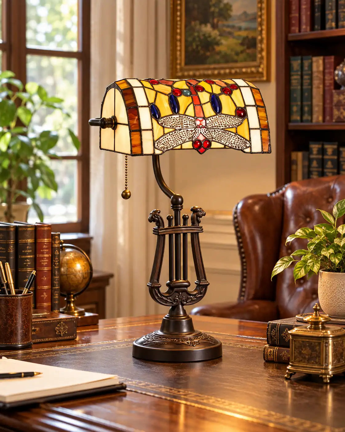 Dragonfly Harp Tiffany Table Lamp