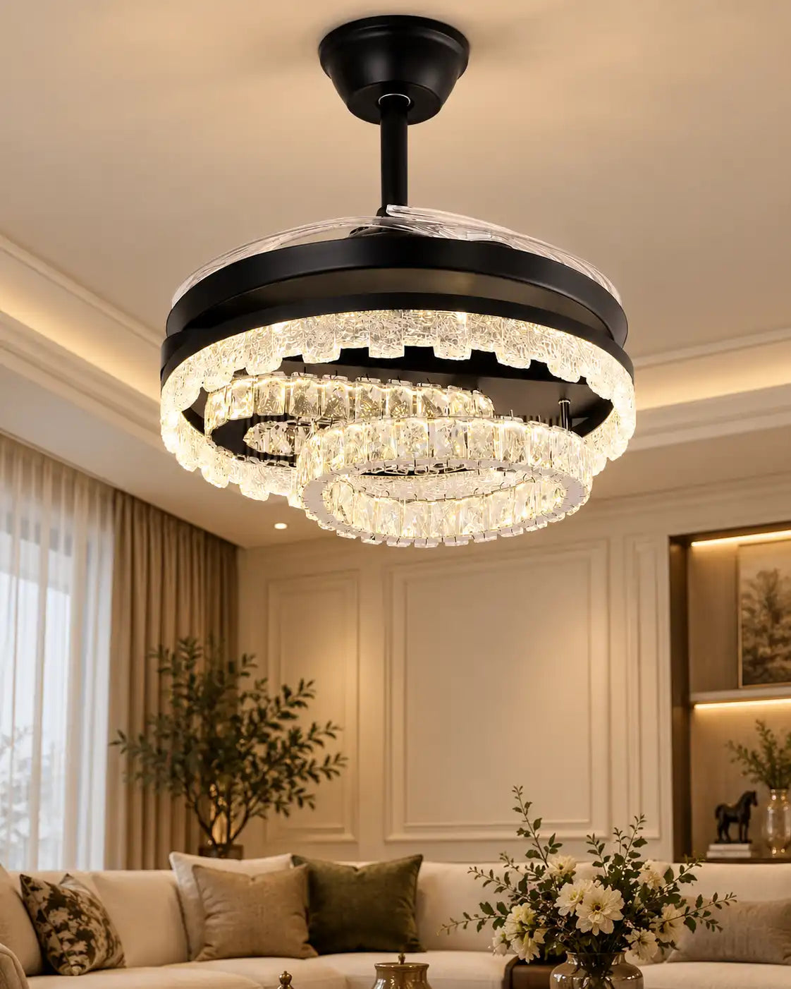 Crystal Orbit Halo Ceiling Fan Chandelier