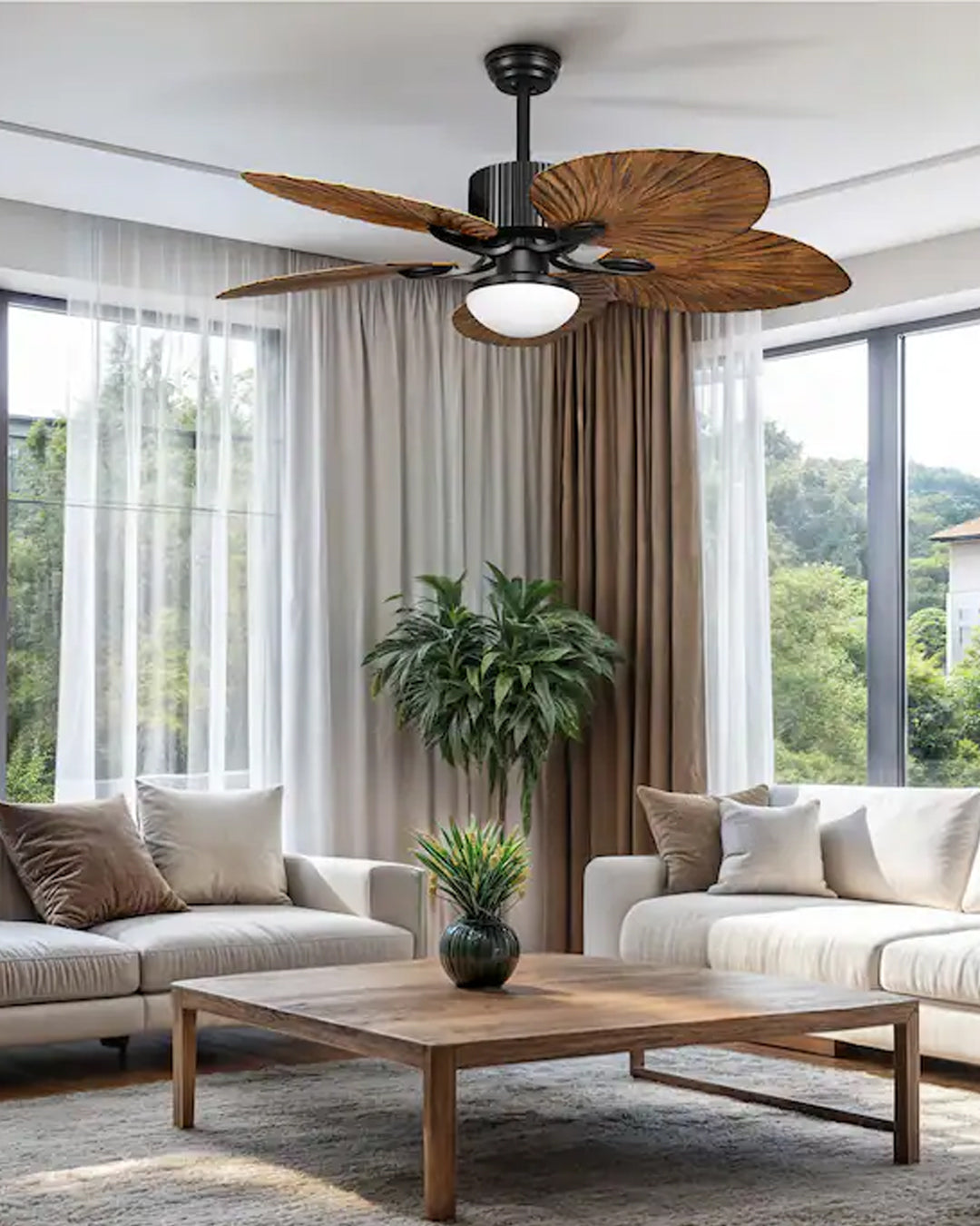 Modern chandelier ceiling fan with palm leaf inspired design