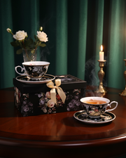 Black Floral Charm Tea Cup & Saucer - Set Of 2