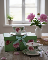 Peony Petals Tea Cup & Saucer Green - Set Of 2 