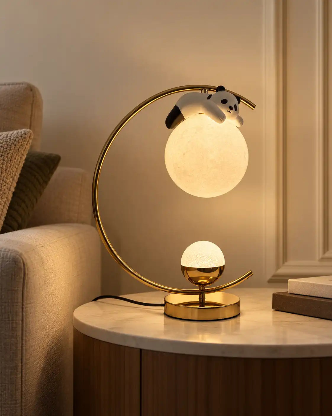 Panda on an Arching Orbital Frame Table Lamp