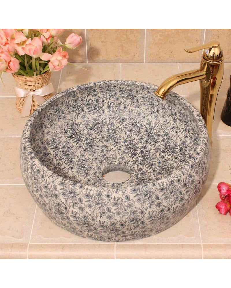 Floral Pattern Porcelain Counter Top Basin